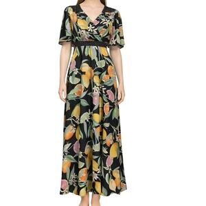 Twisted Wunder Citrus Maxi Dress US 8 Fruit Print Flutter Sleeve Polka Dot 90s